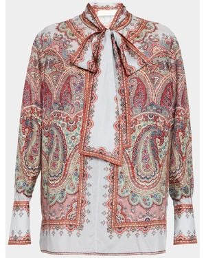 Zimmermann Fairlight Paisley Silk Tie-Neck Tunic Shirt - Red