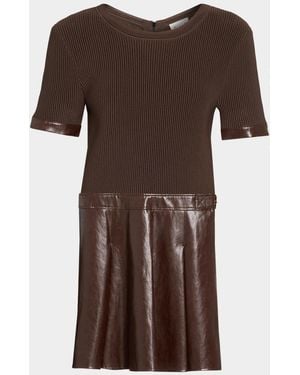 MILLY Devyn Rib-Knit Mixed-Media A-Line Mini Dress - Brown