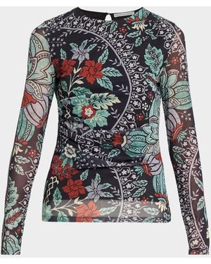 Tahari The Delilah Ruched Floral-Print Mesh Top - Multicolor