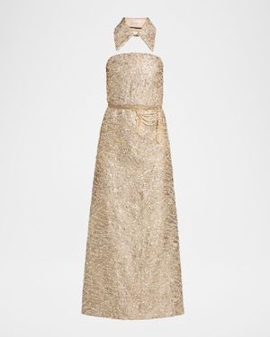 Reem Acra Collared Strapless Embellished Midi Cocktail Dress - Natural