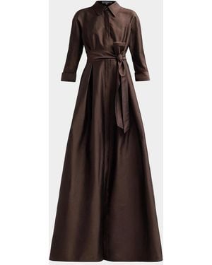 Teri Jon 3/4-Sleeve Taffeta Shirtdress Gown - Brown