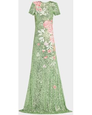 Naeem Khan Floral Embroidered Short-Sleeve Sequined Gown - Green