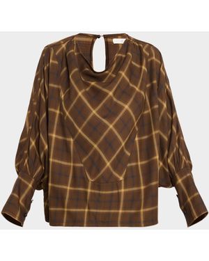 Co. Draped Batwing Check-Print Tunic Top - Brown