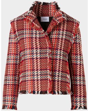 Akris Punto Multi-Color Check Fringed Tweed Single-Breasted Jacket - Red