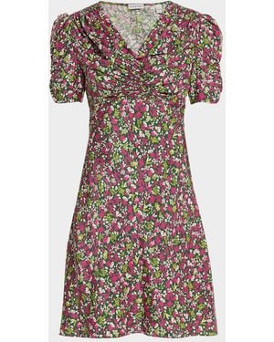 Burberry Jade Floral-Print Silk Ruched Short-Sleeve Mini Dress - Multicolor