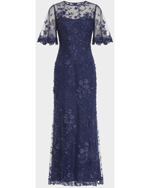 Mac Duggal Flutter-Sleeve Embroidered Lace Gown - Blue