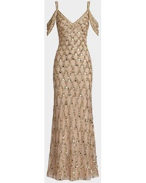 Mac Duggal Geometric Sequinned Tulle Column Gown - Natural