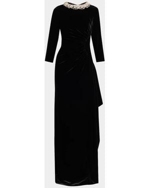 Teri Jon Draped Rhinestone-Collar Velvet Column Gown - Black