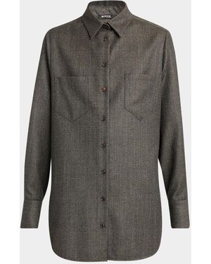 Kiton Metallic Check Wool Button-Down Shirt - Gray