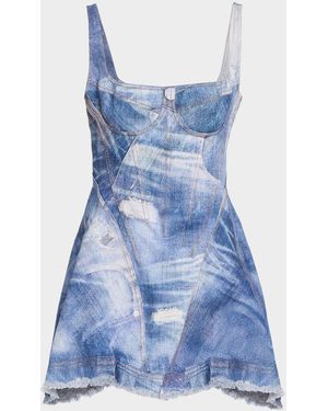 Roberto Cavalli Patchwork-Print Denim Bustier Mini Dress - Blue