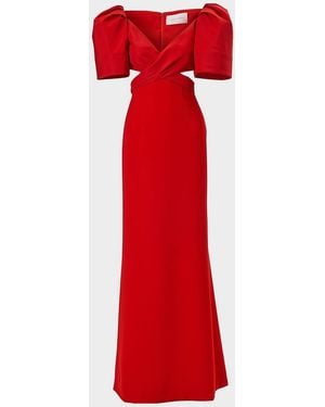 Carolina Herrera Crisscross V-Neck Bell-Sleeve Cutout Gown - Red