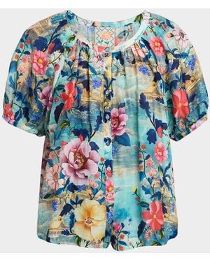 Johnny Was Avah Ruched Floral-Print Shirt - Blue