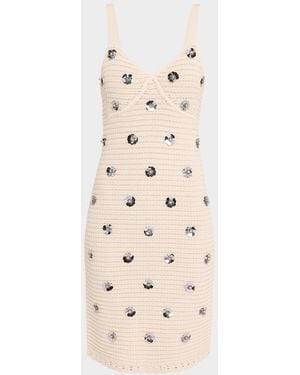 Toccin Yoko Flower Sequined Crochet Knee-Length Dress - Natural