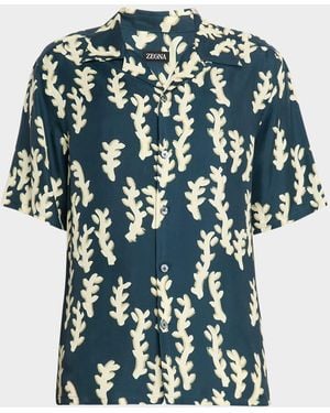 ZEGNA Silk Oasi Print Camp Shirt - Blue
