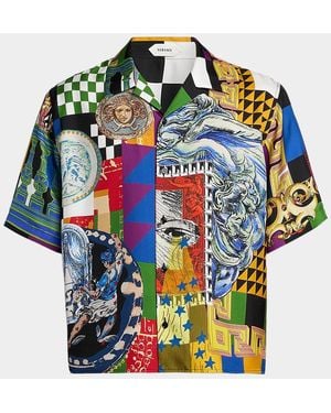 Versace Medusa Collage Silk Twill Camp Shirt - Blue