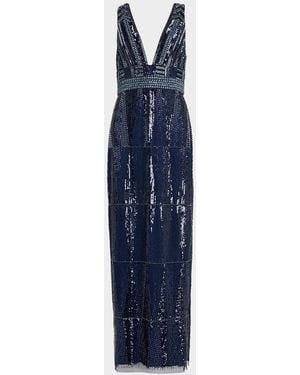 Aidan Mattox Beaded Deep V-Neck Column Gown - Blue