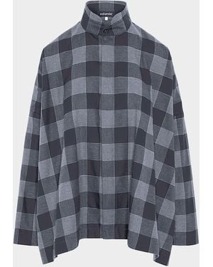 Eskandar Plaid Cotton Wide Longer Back Shirt Jacket - Blue