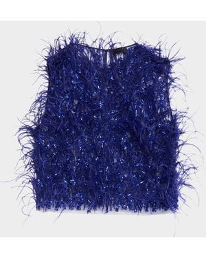 LAPOINTE Sleeveless Feather Sequined Tulle Crop Top - Blue