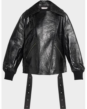 Co. Shiny Crinkle Leather Oversized Bomber Jacket - Black