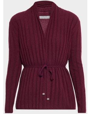 Neiman Marcus Cashmere Ribbed Wrap-Front Cardigan - Purple