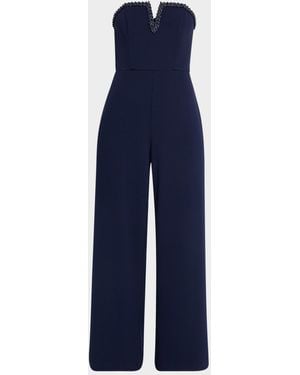 Aidan Mattox Strapless Bead-Trim Crepe Jumpsuit - Blue