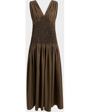 KHAITE Nola Sleeveless Diamond Pleat Cotton Ankle Dress - Natural