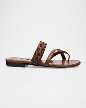 Manolo Blahnik Susa Leather And Leopard-Printed Suede Crisscross Flat Sandals - Brown