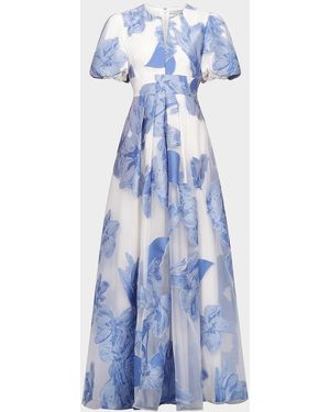 Kay Unger Oleana Puff-Sleeve Organza Gown - Blue