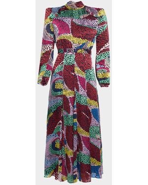 Saloni Jacqui-B Belted Floral Silk Midi Dress - White