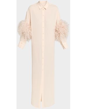 LAPOINTE Feather-Trim Long-Sleeve Georgette Maxi Shirtdress - Natural