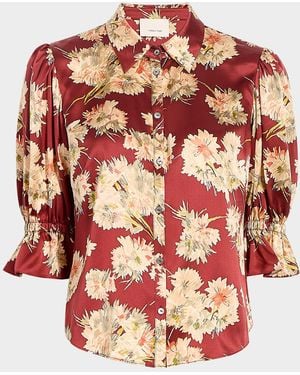 Cinq À Sept Mae Bouquet Satin Puff-Sleeve Shirt - Red