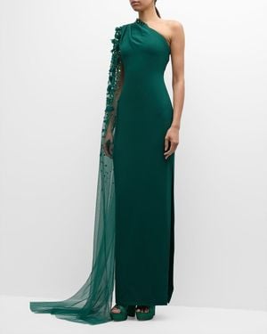 Pamella Roland Asymmetric Beaded Tulle Cape-Sleeve Crepe Gown - Green