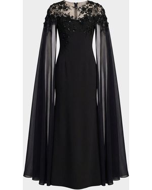 Mac Duggal Floral Embellished Chiffon Cape Gown - Black