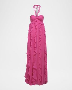 BCBGMAXAZRIA Ruffle Chiffon Halter Gown - Pink