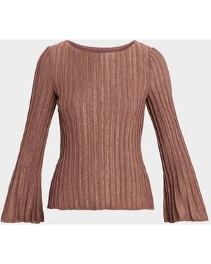 Misook Shimmer Flare-Sleeve Rib Knit Tunic - Brown