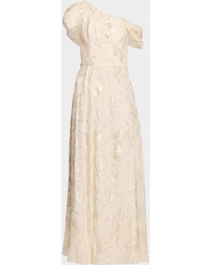Shoshanna Penelope One-Shoulder Metallic Vine Maxi Dress - Natural
