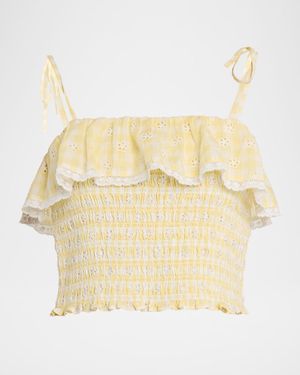 LoveShackFancy Renada Gingham Eyelet Top - Natural
