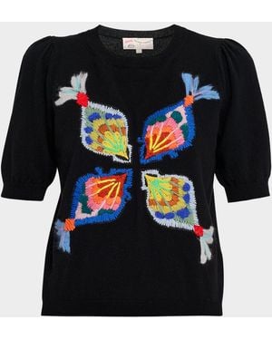 Maison Common Embroidered Wool-Cashmere Short-Sleeve Sweater - Black
