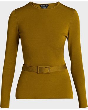 Tom Ford Belted Long-Sleeve Knit Top - Green