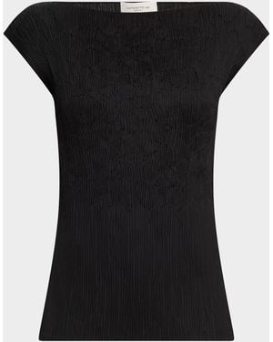 Lafayette 148 New York Cap-Sleeve Embroidered Plisse Blouse - Black