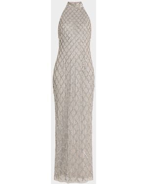 Aidan Mattox Beaded Halter Column Gown - White