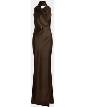 Ralph Lauren Neck-Scarf Washed Duchesse-Silk Wrap Gown - Brown