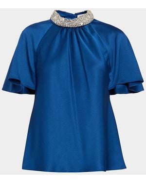 Jonathan Simkhai Loreta Embellished-Collar Satin Blouse - Blue