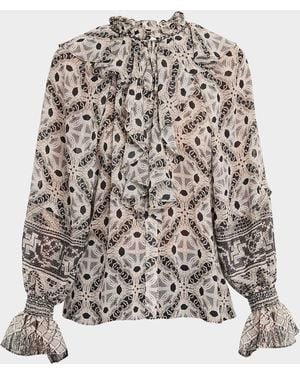Kobi Halperin Glimmer Lace-Print Ruffle Blouse - White