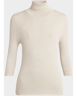 Kiton Turtleneck Metallic Rib 3/4-Sleeve Sweater - Natural