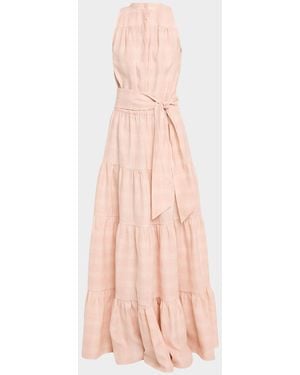 Kiton Tiered Check Linen Belted Sleeveless Maxi Dress - Pink