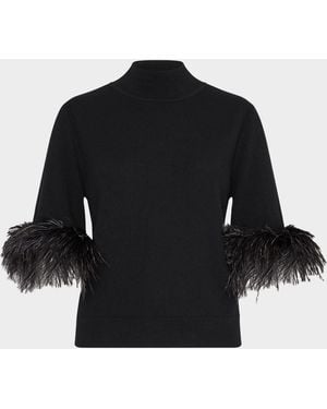 MILLY Mock-Neck Feather Cuff Sweater - Black