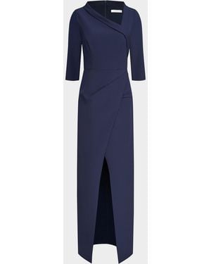 Kay Unger Helena 3/4-Sleeve Stretch Crepe Column Gown - Blue