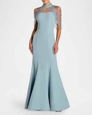 Mac Duggal Beaded Capelet Crepe Mermaid Gown - Blue