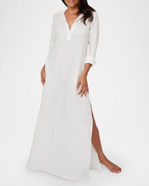 Pour Les Femmes Long Linen Lounge Shirt Dress - White